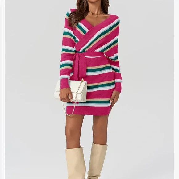 Striped Pink Wrap Sweater belted dress - Picture 1 of 13